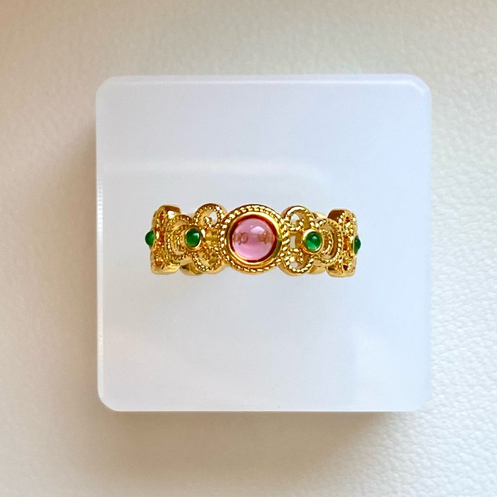 Gold Filigree Ring with Pink Center and Green Accents